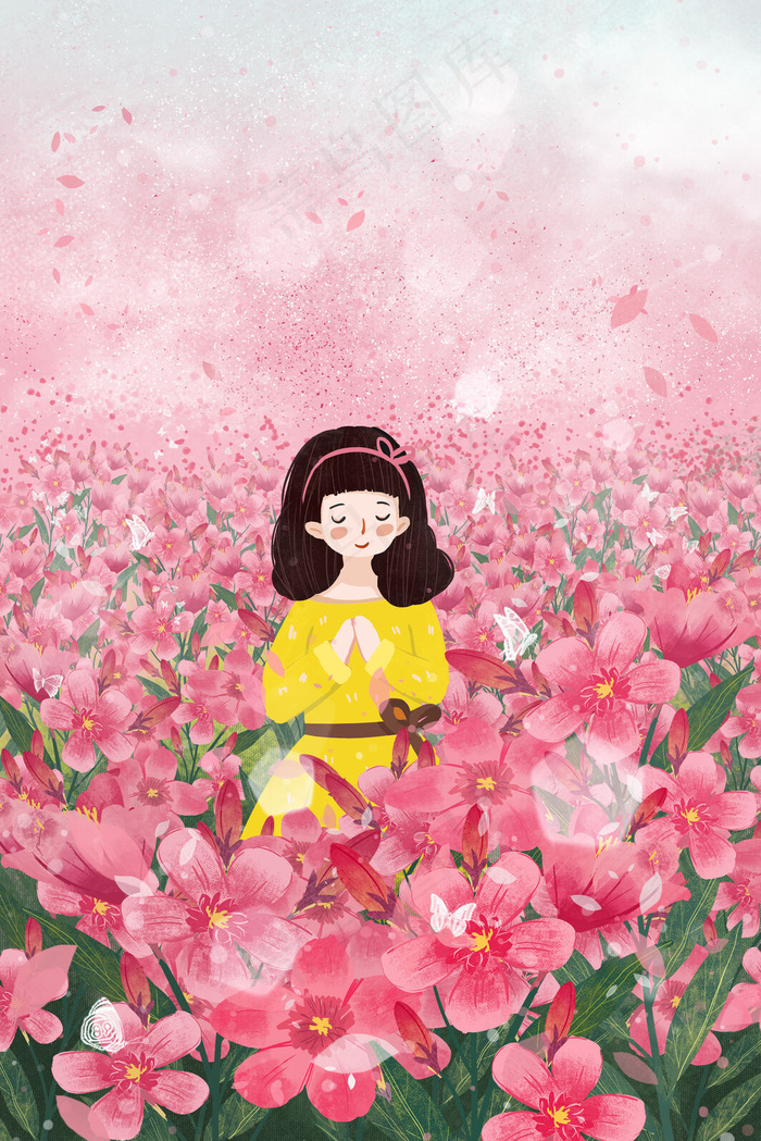 女孩身在粉色花花海中很浪漫(3545X5315(DPI:300))psd模版下载