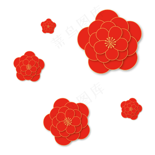 中式喜庆立体红色花朵,免抠元素