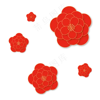 中式喜庆立体红色花朵,免抠元素