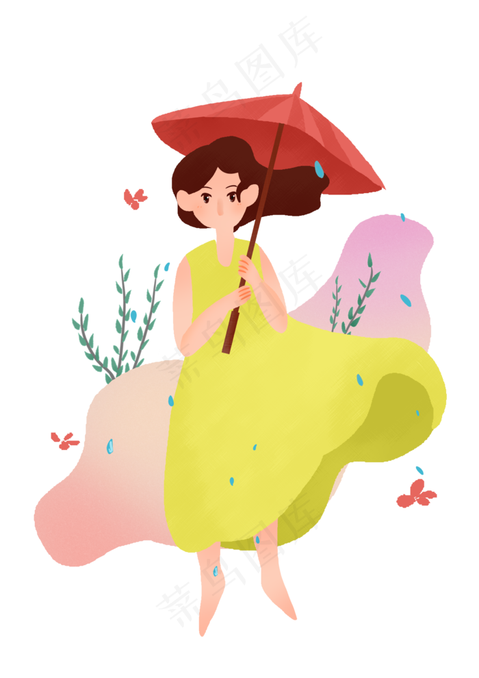 穿黄裙子撑伞的女孩插画
