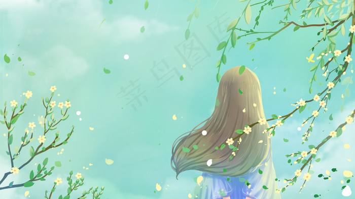 绿色唯美卡通清新治愈夏季春季美丽背影配图(2880*1620px 300 dpi )psd模版下载