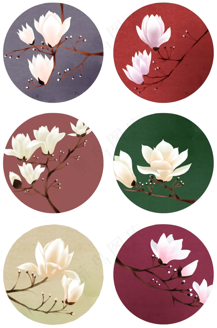 复古装饰画玉兰花树合集,免抠元素(2000X3020(DPI:300))psd模版下载