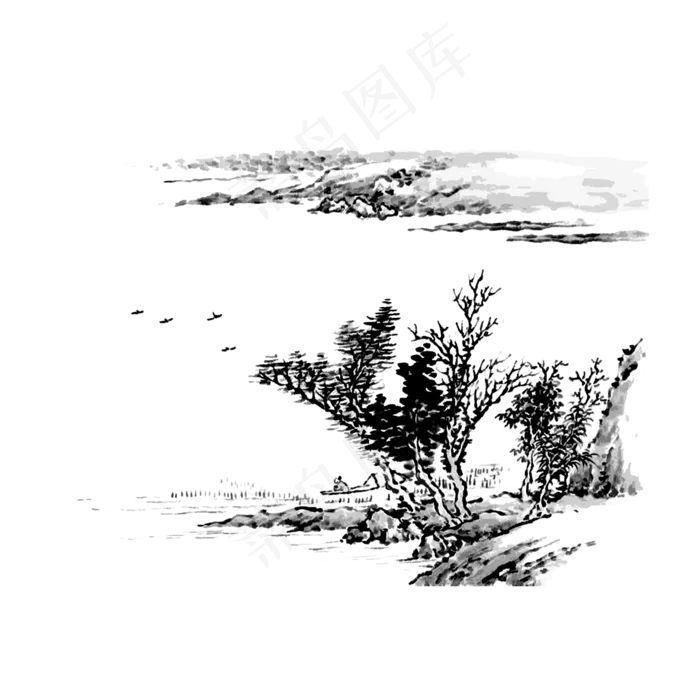 水墨山水中国线条国画黑白PNG,免抠元素(2000X2000(DPI:200))psd模版下载