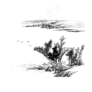 水墨山水中国线条国画黑白PNG,免抠元素