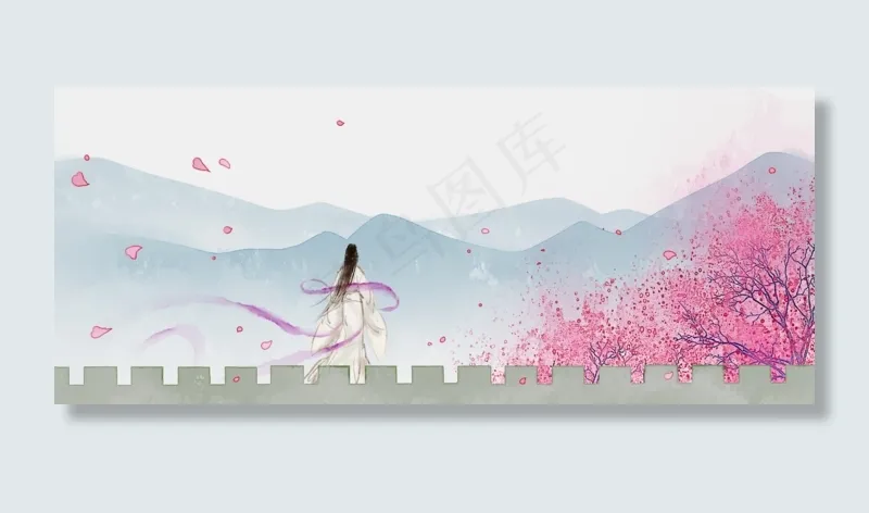 樱花烂漫古风水墨山水画PNG素材,免抠元素(1920*800px 300 dpi )psd模版下载