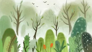 水墨风景简约干净水彩绿色系文艺清新手绘