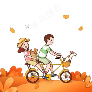 秋游情侣骑车人物游玩枫叶景色手,免抠元素