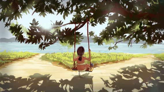 夏季坐在沙滩边上的女孩清新暖色插图