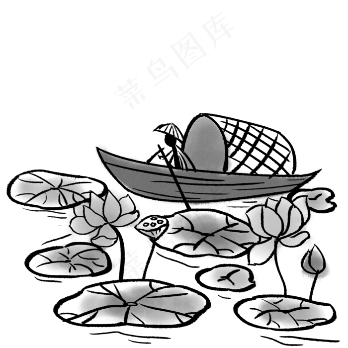中国风水墨小船和莲花