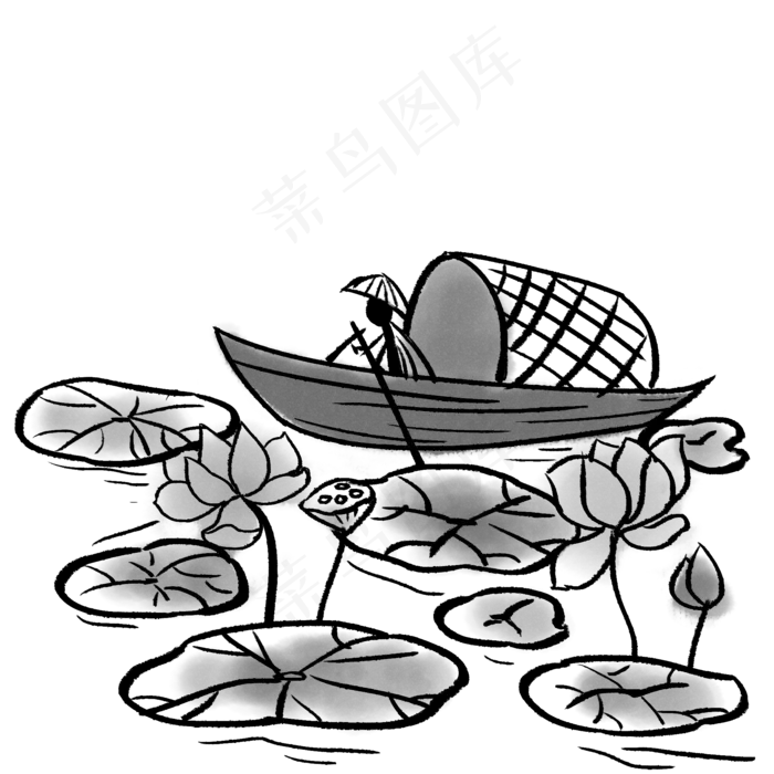 中国风水墨小船和莲花(2000X2000(DPI:300))psd模版下载