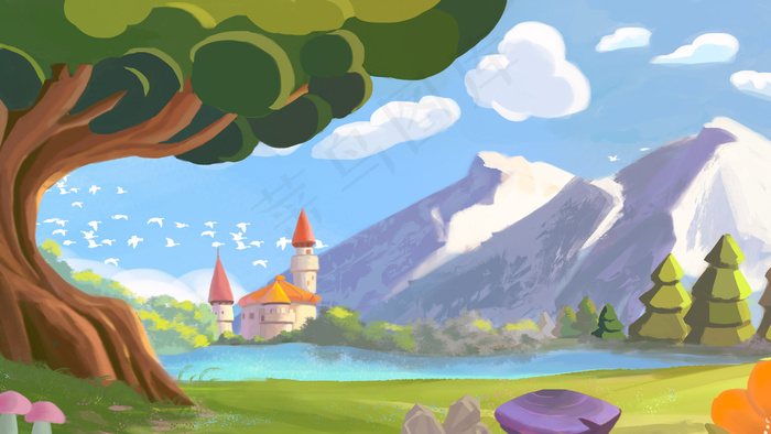 春天卡通山水野外风景(2880X1620(DPI:762))psd模版下载