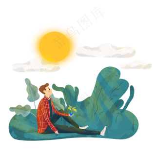 春天阳光明媚下的男孩捧着花