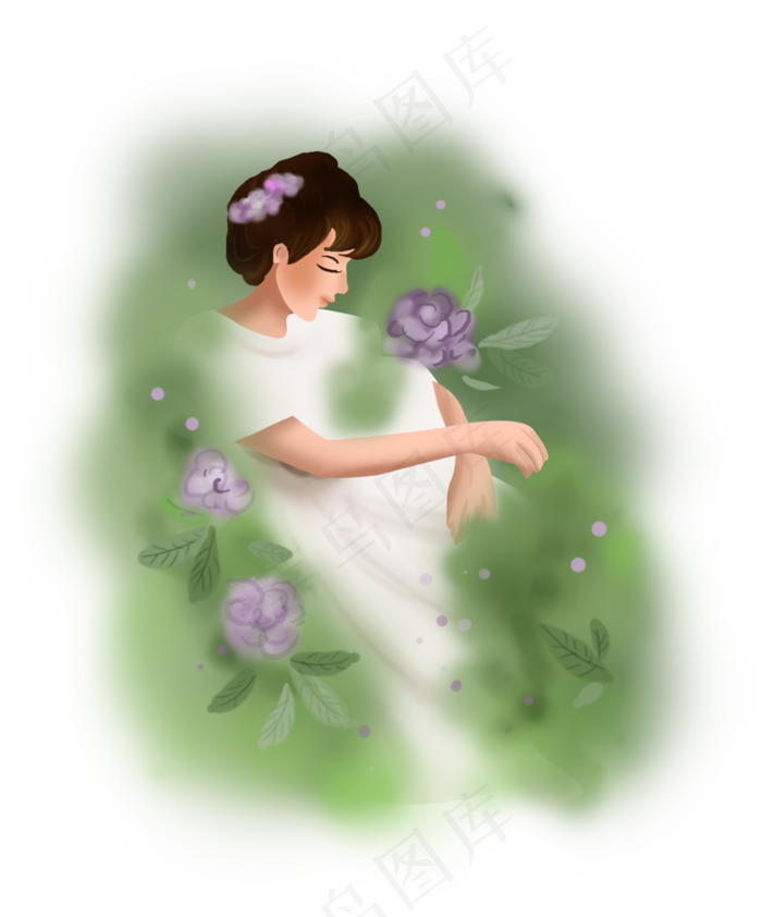 手绘花园里的女孩子,免抠元素