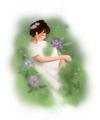 手绘花园里的女孩子,免抠元素