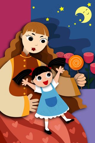 扁平风母亲节月下母女配图