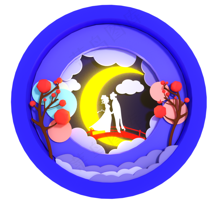 七夕牛郎织女剪纸效果,免抠元素