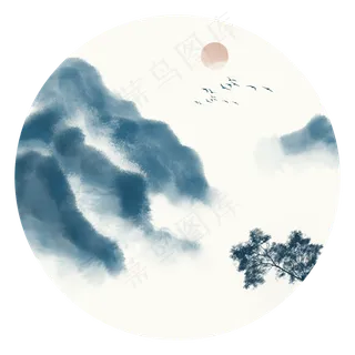 中国风青色水墨山水装饰元素