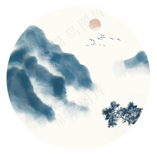 中国风青色水墨山水装饰元素