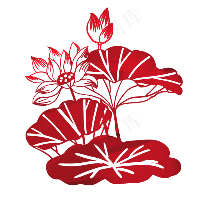 红色荷花荷叶剪纸