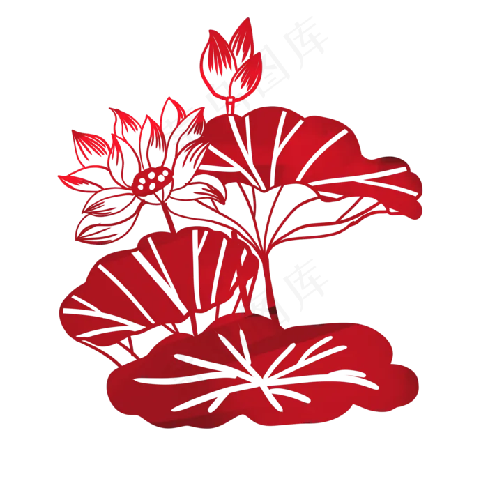 红色荷花荷叶剪纸(2000X2000(DPI:300))psd模版下载