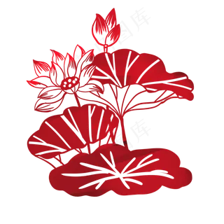 红色荷花荷叶剪纸