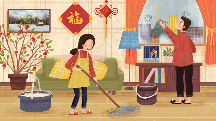 过小年主题之家中大扫除做卫生