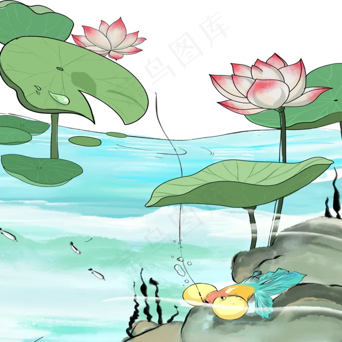 漂亮植物荷花和鱼免抠图(2000X2000(DPI:300))psd模版下载