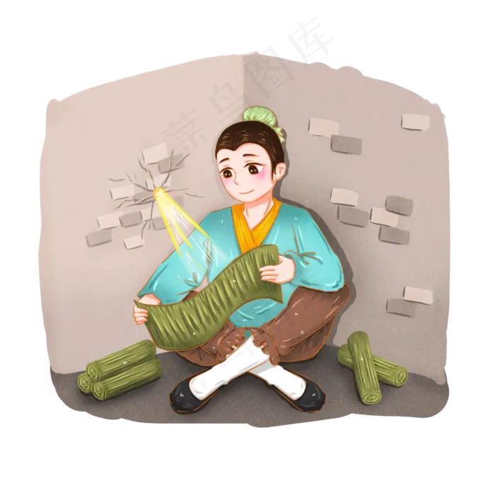 手绘成语凿壁偷光卡通形象可商用,免抠元素