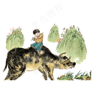 二十四节气清明春天牧童水牛PNG清,免抠元素