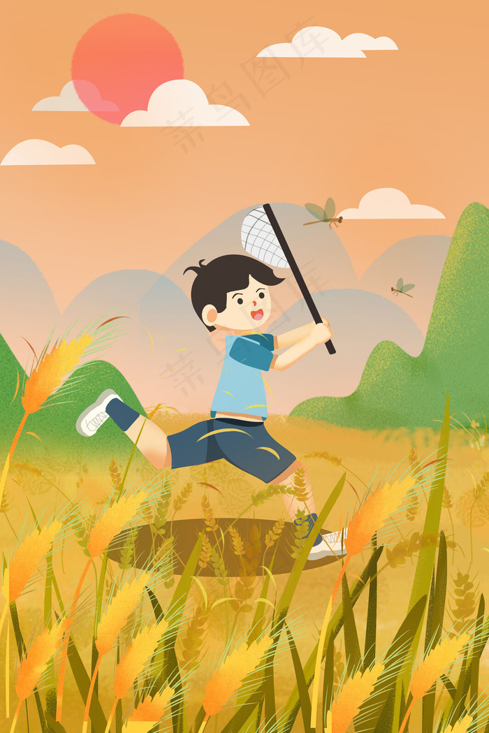 追逐蜻蜓的乡村男孩