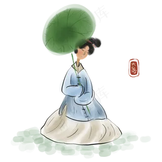 二十四节气大暑拿荷叶的仕女,免抠元素