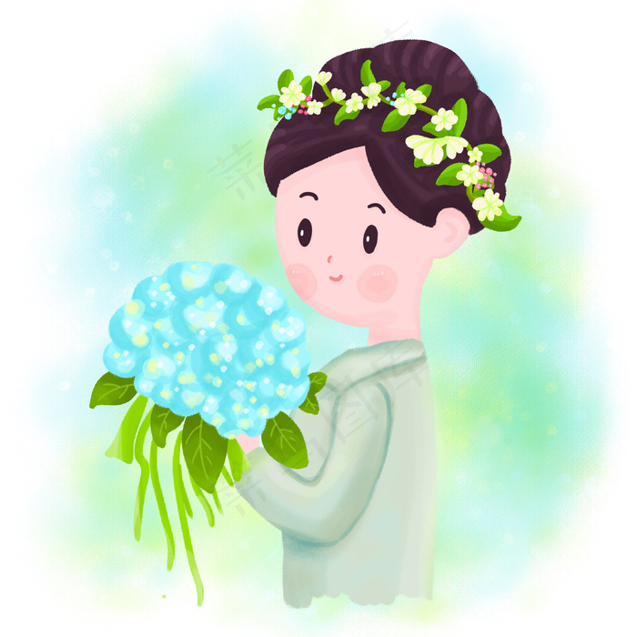 三八妇女节女子手捧花花环手绘插(2000X2000(DPI:300))psd模版下载