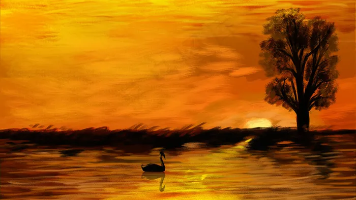 油画夕阳西下横图(2880*1620px 300 dpi )psd模版下载