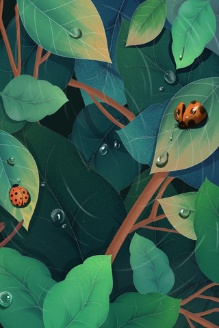 春天二十四节气谷雨树叶七星瓢虫蓝色系手绘