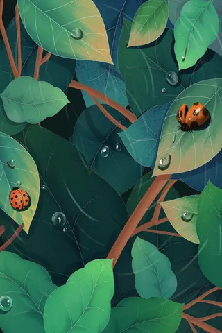 春天二十四节气谷雨树叶七星瓢虫蓝色系手绘