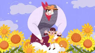 紫色系卡通手绘风父亲节父女配图