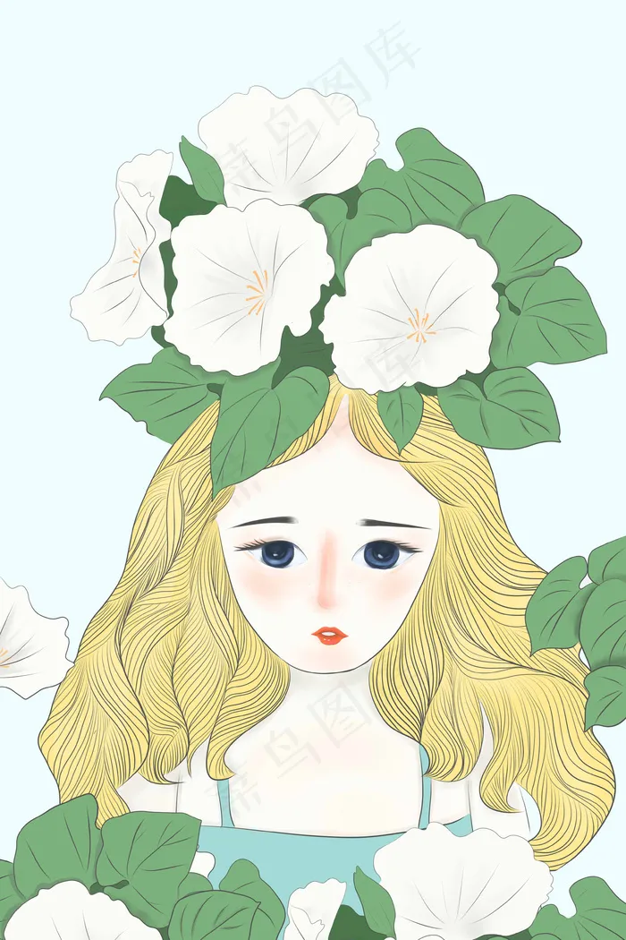 春天长发女孩与花草