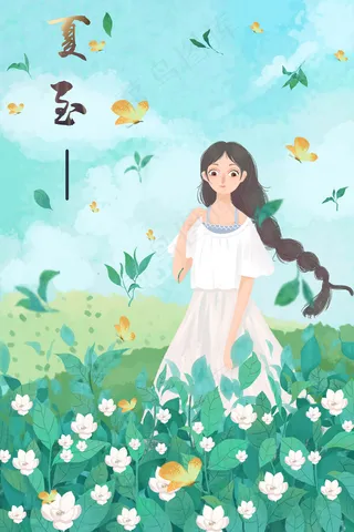 夏至绿色茶花与少女