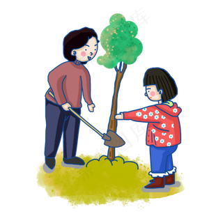 手绘植树节母亲带女儿植树