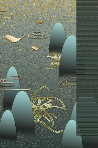 新中式仙鹤 青山 祥云 兰花青色 金色中国风装饰画