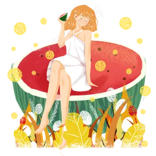 小暑吃西瓜女生png素材