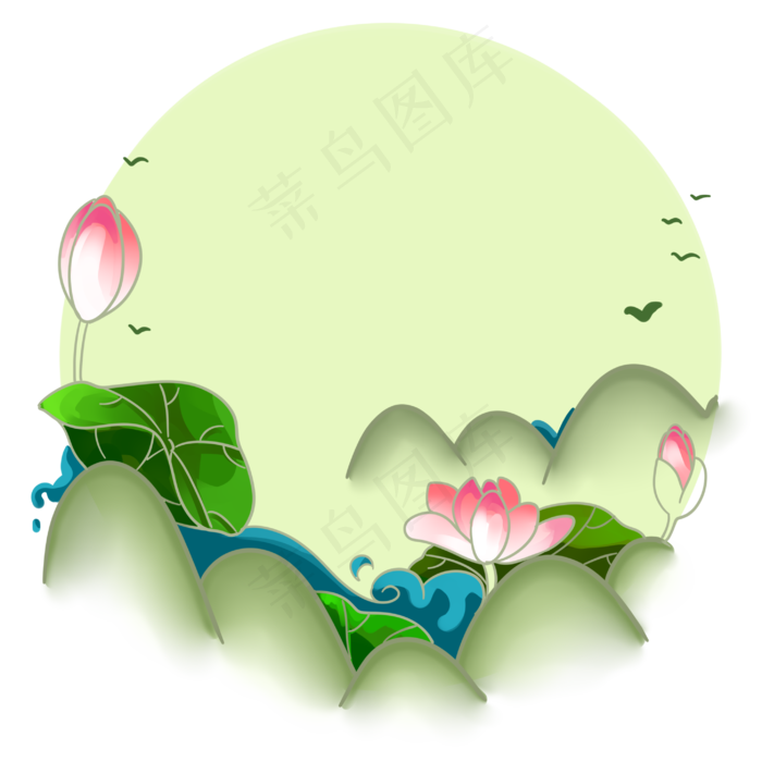 春夏淡彩泼墨山水荷花开PNG素材