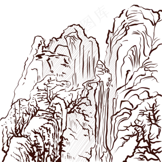 山泉线描山水黑白