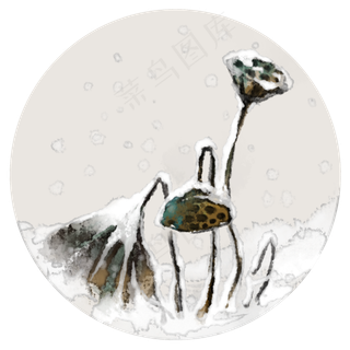 雪掩冬荷中国风水墨PNG素材