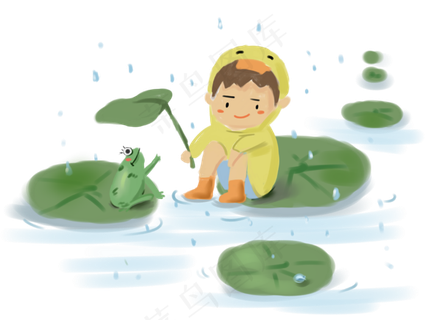 夏至节气下雨打荷叶伞男孩