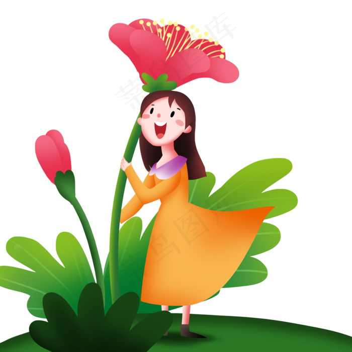 春分人物和小花插画,免抠元素