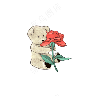 手绘抱玫瑰的小熊