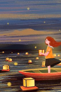 处暑夜晚河灯划船治愈系风景