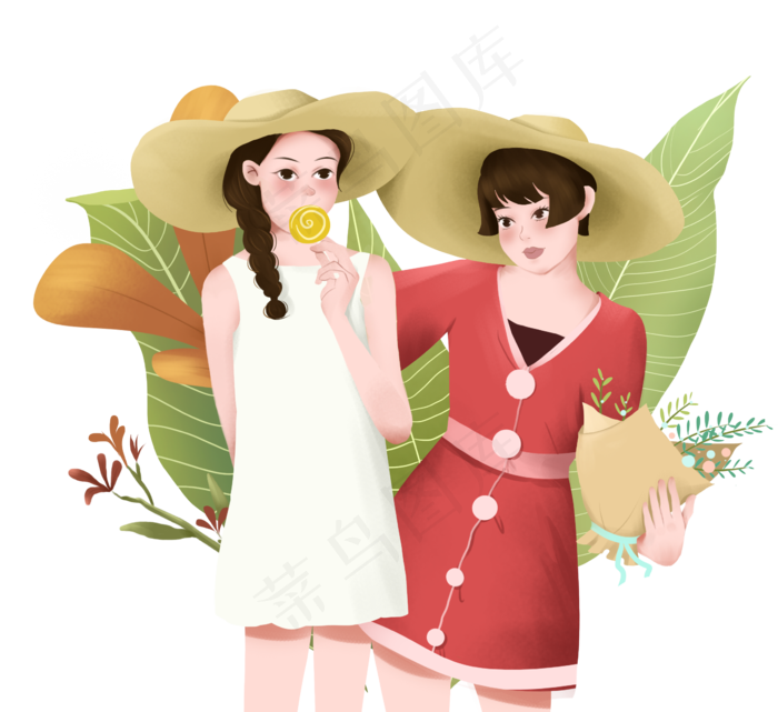 春分戴草帽两个女孩,免抠元素(2362X2163(DPI:300))psd模版下载