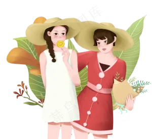 春分戴草帽两个女孩,免抠元素